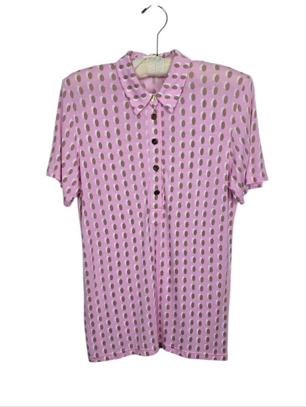 GG Blue Women's Golf Polo Pink Geometric Print Gold Button Shirt M